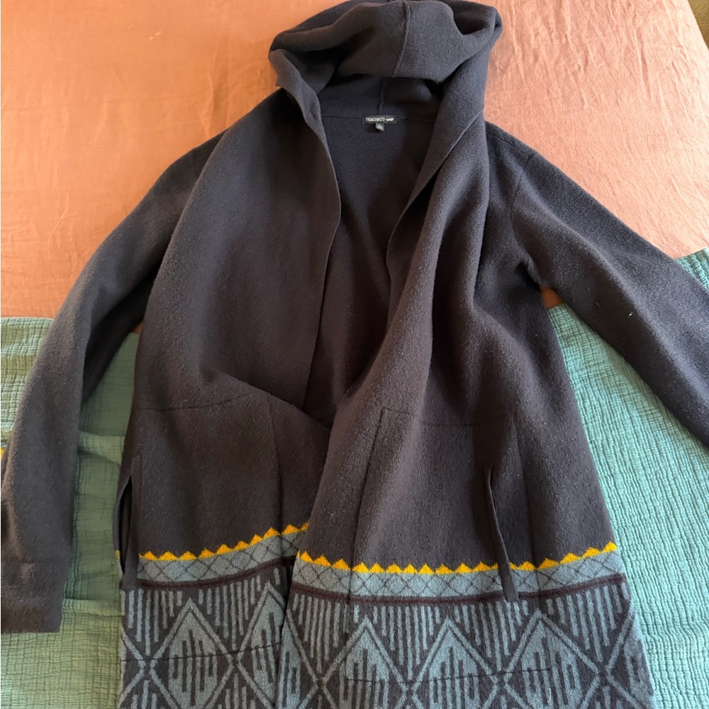 Toad&Co Dark Gray Hooded Cardigan with Yellow Accent